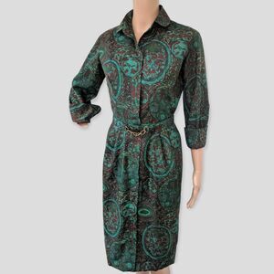 50s Dark Green Print Dress Vintage 1950s Cotton Lined XS